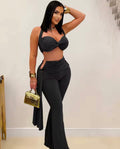 Women’s Chic Twist Front Crop Top & Wide Leg Pants Set – Ruched Metal Detail Night Out Outfit