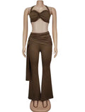 Women’s Chic Twist Front Crop Top & Wide Leg Pants Set – Ruched Metal Detail Night Out Outfit