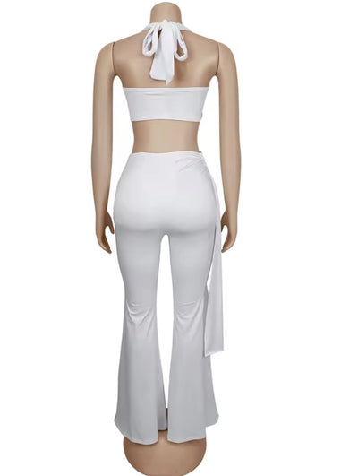 Women’s Chic Twist Front Crop Top & Wide Leg Pants Set – Ruched Metal Detail Night Out Outfit
