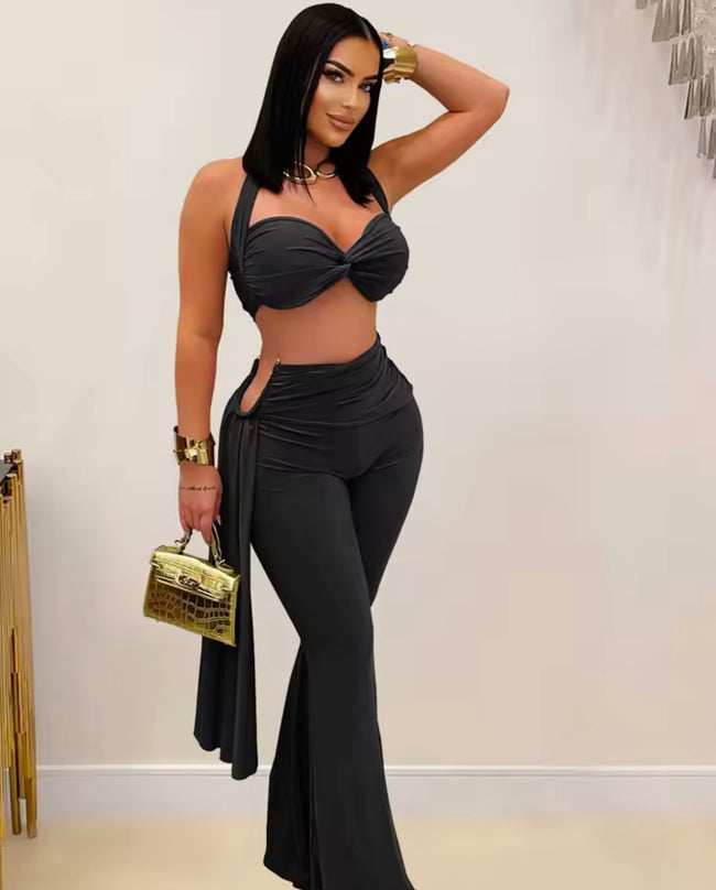 Women’s Chic Twist Front Crop Top & Wide Leg Pants Set – Ruched Metal Detail Night Out Outfit