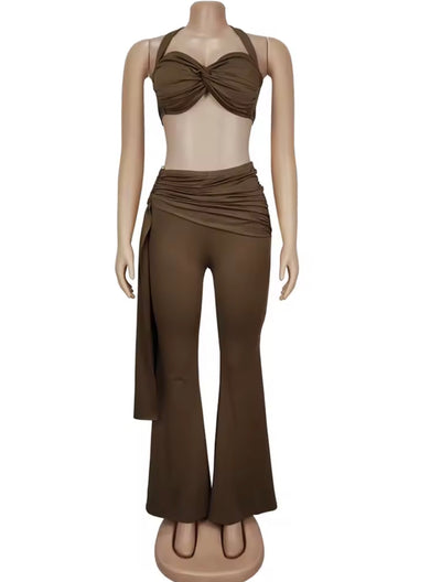 Women’s Chic Twist Front Crop Top & Wide Leg Pants Set – Ruched Metal Detail Night Out Outfit