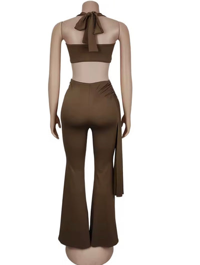 Women’s Chic Twist Front Crop Top & Wide Leg Pants Set – Ruched Metal Detail Night Out Outfit
