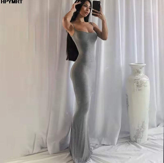 Satin Slip Backless Maxi Dress – Elegant Y2K Bodycon Party Dress