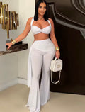 Women’s Chic Twist Front Crop Top & Wide Leg Pants Set – Ruched Metal Detail Night Out Outfit