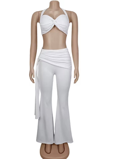Women’s Chic Twist Front Crop Top & Wide Leg Pants Set – Ruched Metal Detail Night Out Outfit