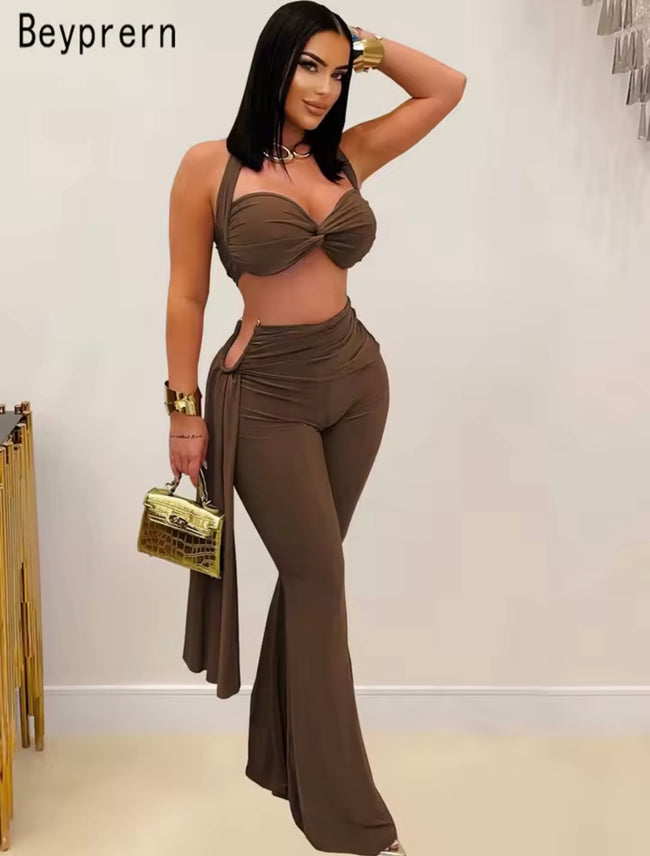 Women’s Chic Twist Front Crop Top & Wide Leg Pants Set – Ruched Metal Detail Night Out Outfit