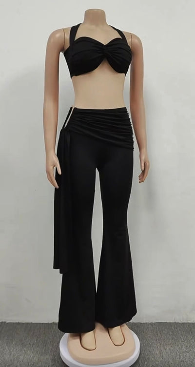Women’s Chic Twist Front Crop Top & Wide Leg Pants Set – Ruched Metal Detail Night Out Outfit