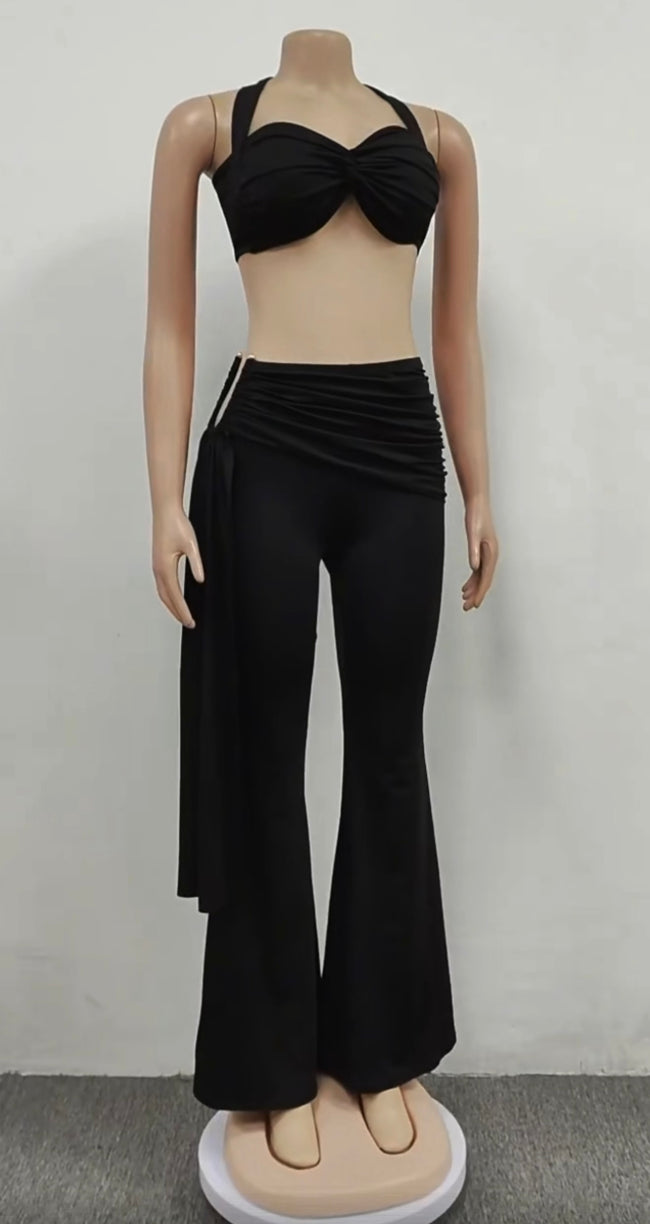 Women’s Chic Twist Front Crop Top & Wide Leg Pants Set – Ruched Metal Detail Night Out Outfit