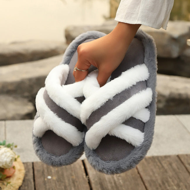 Fluffy Slippers Cross Strap Stitching Warm Casual Platform Slippers